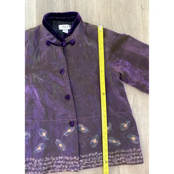 Vintage Anis USA Iridescent Peacock Jacket Kimono L Silk Top Boho Slow Phoebe - Picture 8 of 12